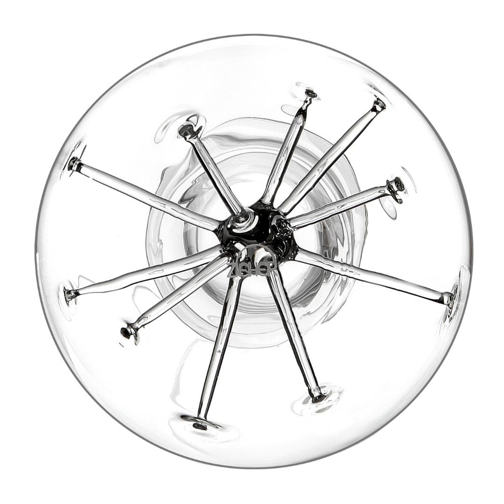 Draufsicht auf eine moderne Glasleuchte mit zentraler Metallkugel und ausstrahlenden Chromstäben, die an den Weindekanter "Star" - Exklusive Karaffe mit Sternendesign | 34 cm von Zieher erinnert, elegant umhüllt von einer klaren Glaskugel.