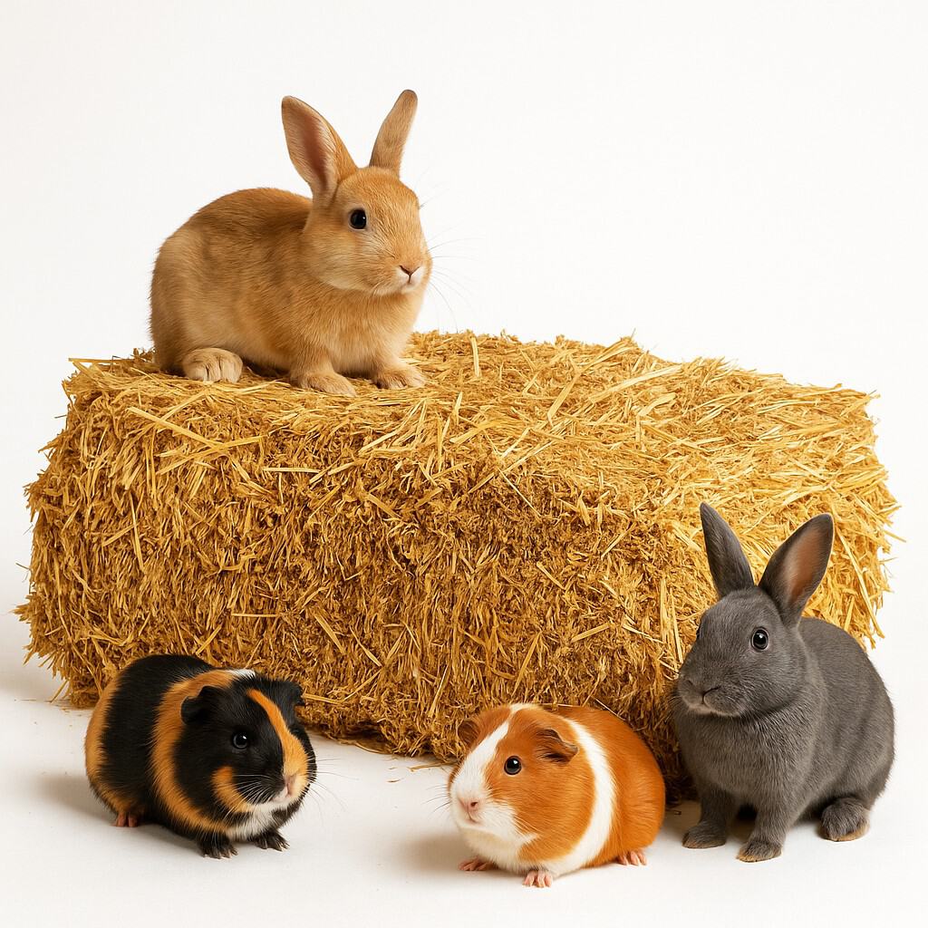 Ein hellbraunes Kaninchen sitzt auf naturbelassenem Stroh aus deutscher Ernte, während ein graues Kaninchen und zwei Meerschweinchen - eines braun und schwarz, das andere orange und weiß - vor einem weißen Hintergrund sitzen.