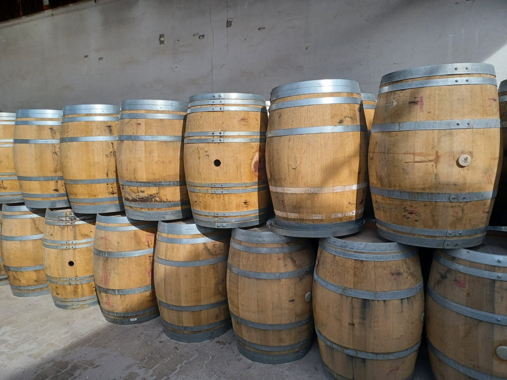 Reihen gestapelter Original-Weinfässer aus Eiche (225 Liter Barriquefässer) stehen auf einem Steinboden vor einer kahlen Wand und werden vom Sonnenlicht beleuchtet.