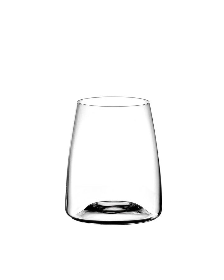 Ein Paar klare, moderne Wasserglas "Side" VISION-Serie Design-Gläser (480 ml), jeweils mit sanft geschwungenen Seiten, leer vor einem schlichten weißen Hintergrund dargestellt. Ideal als exklusive Gläser für Spirituosen.