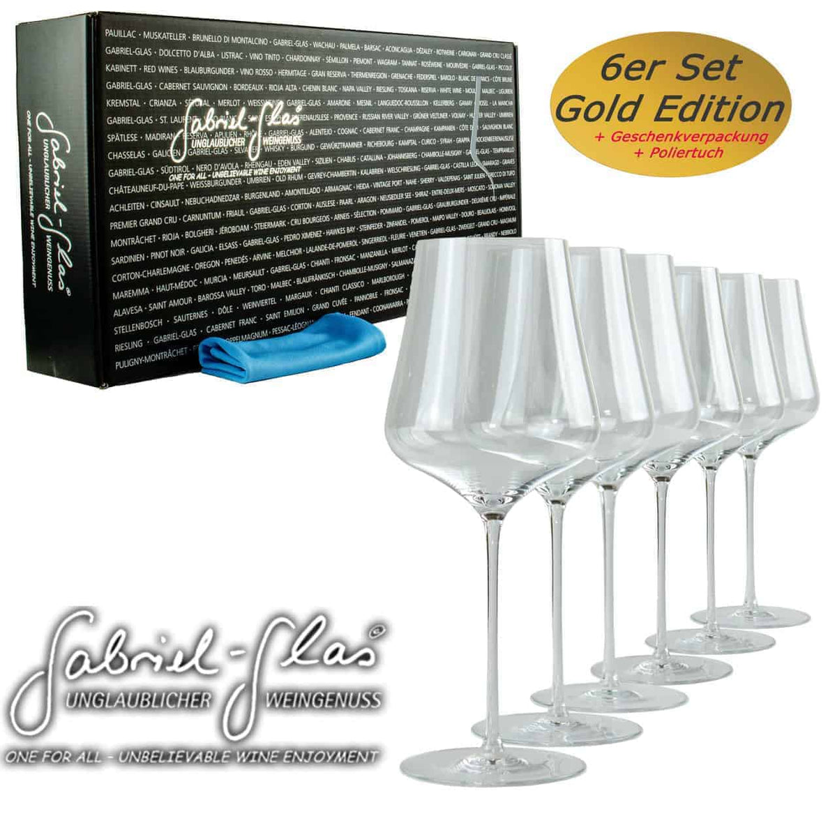 Gabriel Glas Gold Set: Edle Gläser im Set für Weingenuss auf höchstem Niveau – perfekt für Kenner und Genießer+ spezielles Pflegetuch
