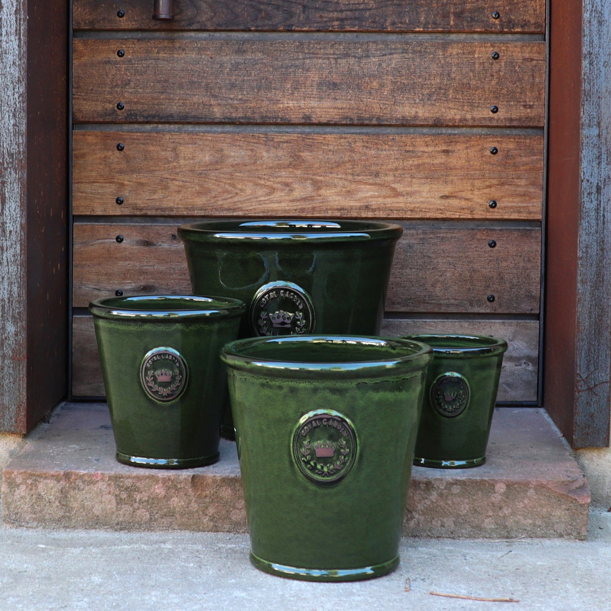 Vier glasierte Pflanzkübel in der Farbe „Garden Green“ mit einer Höhe von 19 bis 38 cm, die jeweils auf der Vorderseite ein rundes Emblem aufweisen, stehen auf Steinstufen vor einer Holztür und einer Mauer.