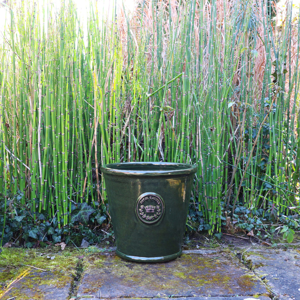Der glasierte Pflanzkübel „Garden Green“ (Höhe 19 bis 38 cm) mit Zieremblem steht auf einem Stein vor hohen Bambusstauden und üppigem Gartengrün.