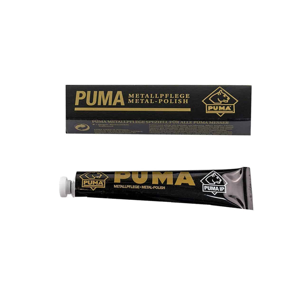 Bild einer Tube Puma Metal Polish mit der dazugehörigen Schachtel. Die Schachtel und die Tube sind überwiegend schwarz mit goldener und weißer Beschriftung. Der Text auf der Schachtel lautet „Puma Metallpflege Metal-Polish“ und zeigt das Puma-Logo, was sie zu einer idealen Ergänzung für ein Kai 4-teiliges Schleif- und Pflegeset | mit Kombinationsschleifstein AP-0305 Schleifstein, Wetzstein-Kollektion macht.