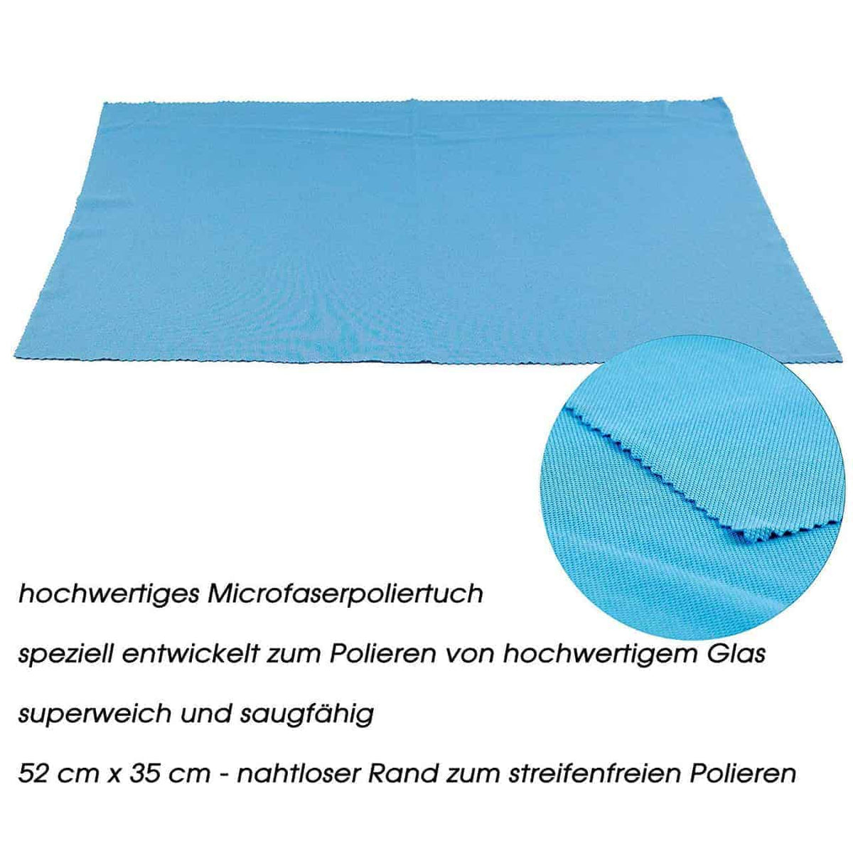Ein blaues Mikrofaser-Poliertuch mit den Maßen 52 cm x 35 cm aus der Gabriel-Glas StandArt Edition. Es wurde zum Polieren von hochwertigem Glas entwickelt und verfügt über eine nahtlose Kante für streifenfreie Ergebnisse. Eine Nahaufnahme zeigt die Textur des Gabriel-Glas Universalglas-Stoffes, mit deutschem Text mit Produktdetails.