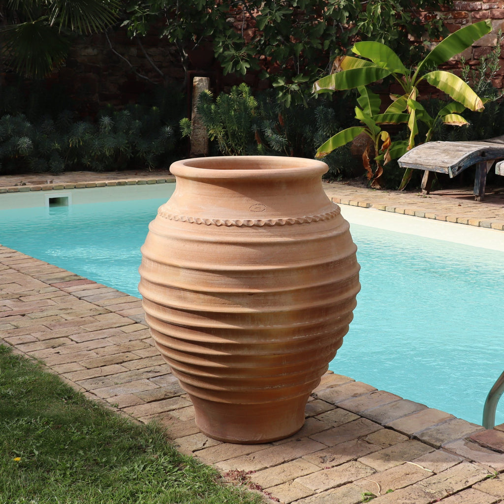 Die frostfeste Amphore "Agave", H=70cm, steht auf einer gemauerten Terrasse in der Nähe eines Pools, umgeben von üppigen Grünpflanzen und Bananenbäumen.
