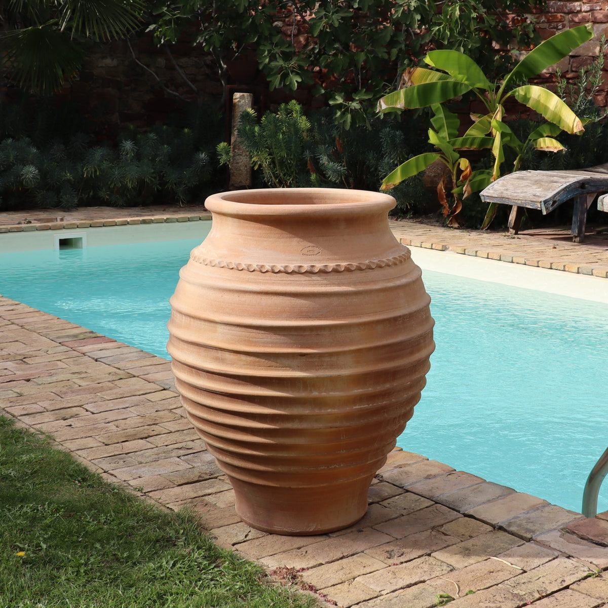 Die frostfeste Amphore "Agave", H=70cm, steht auf einer gemauerten Terrasse in der Nähe eines Pools, umgeben von üppigen Grünpflanzen und Bananenbäumen.