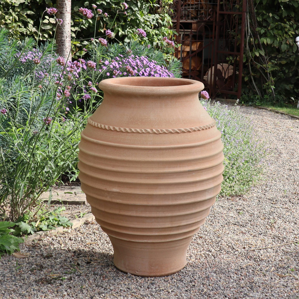 Die frostfeste Amphore "Agave", H=80cm, ist ein großer, gerippter Terrakotta-Pflanzkübel, der ideal für Gärten ist. Er wird auf einem Kiesweg zwischen Grünpflanzen und lila Blumen gezeigt - perfekt, um eine Agave zu präsentieren.