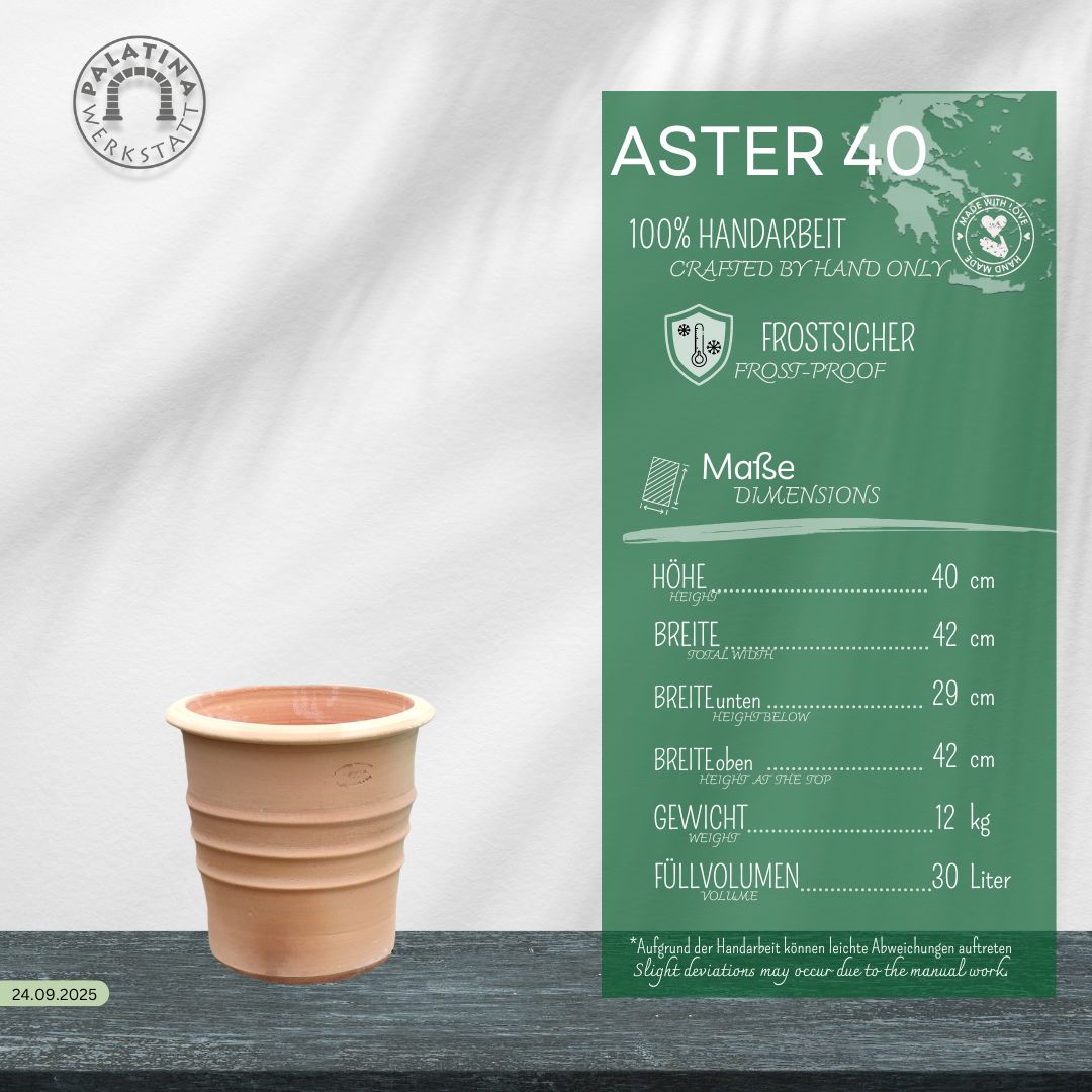 Ein Terracotta Blumentopf "Aster", H=40 cm, steht neben einer grünen Infotafel mit der Aufschrift "Aster 40" mit deutschen Angaben zur handwerklichen Qualität und Frostbeständigkeit, vor einem hellen Hintergrund mit dem Logo der Palatina Werkstatt.