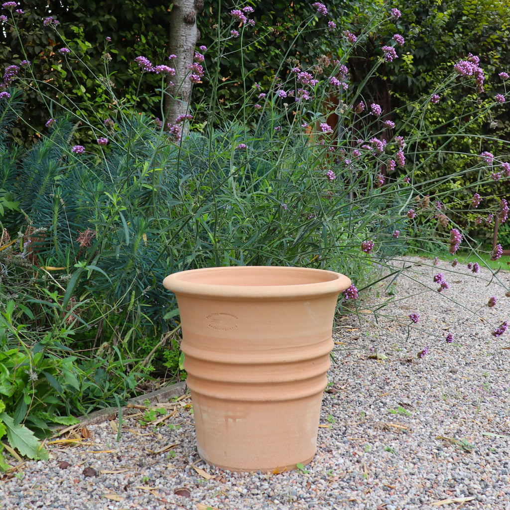 Ein großer, leerer Blumentopf "Aster" (H=35 cm) mit einem Abflussloch steht auf Kies in einem Garten, umgeben von hohen grünen Blättern und lila blühenden Pflanzen.