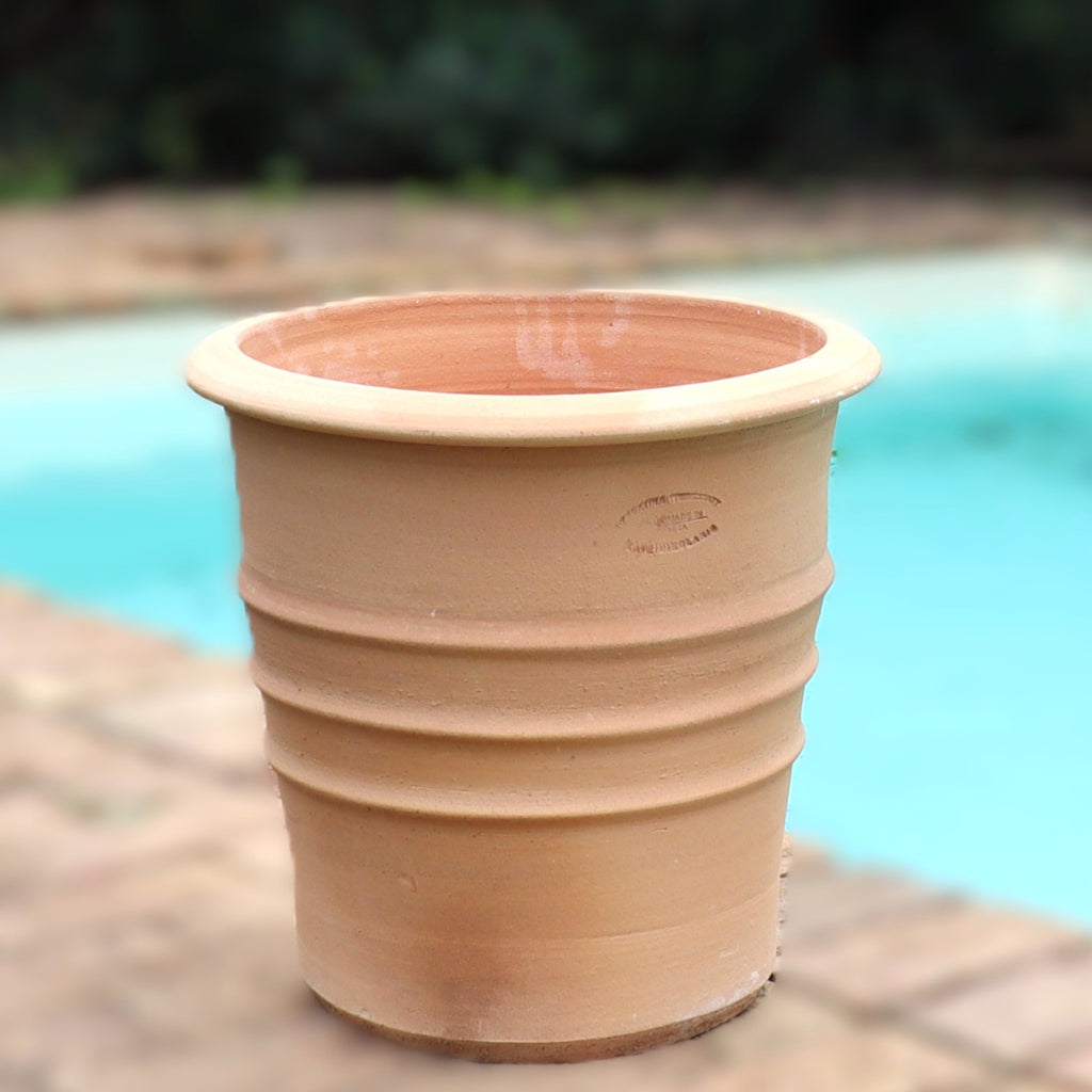 Ein großer, leerer Terrakotta-Blumentopf "Aster", H=40 cm, steht auf einer Ziegelfläche neben einem Swimmingpool mit türkisfarbenem Wasser und Grün im Hintergrund.