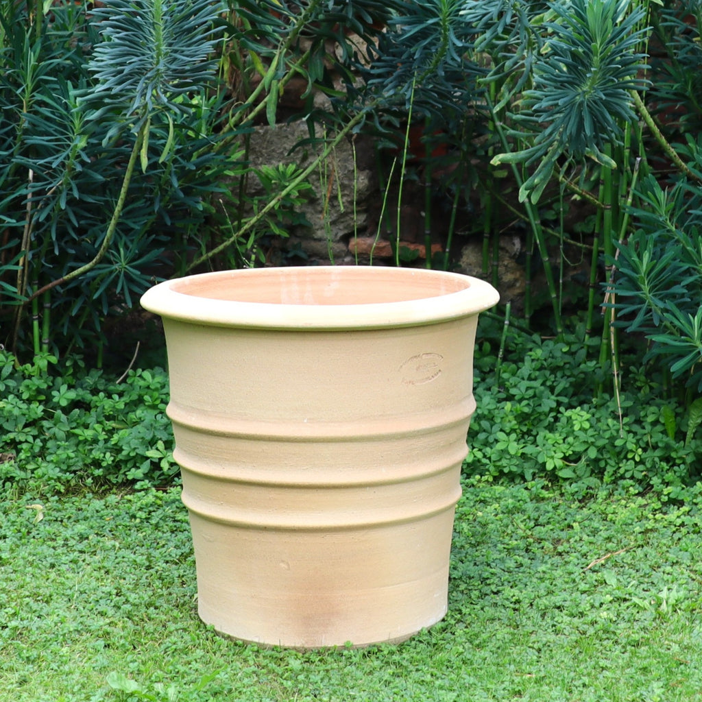 Ein Terracotta Blumentopf "Aster" mit 40 cm Höhe steht im Gras.