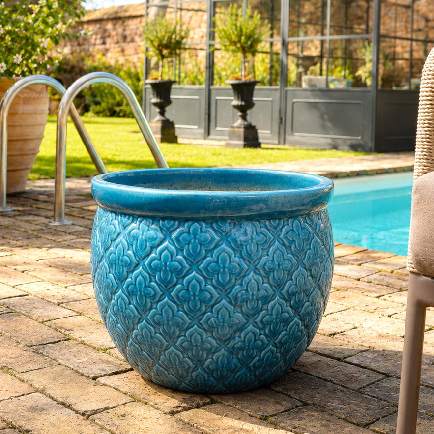 Türkis glasierter Pflanzkübel „Azur Occitanie“ Durchmesser 28 bis 46 cm