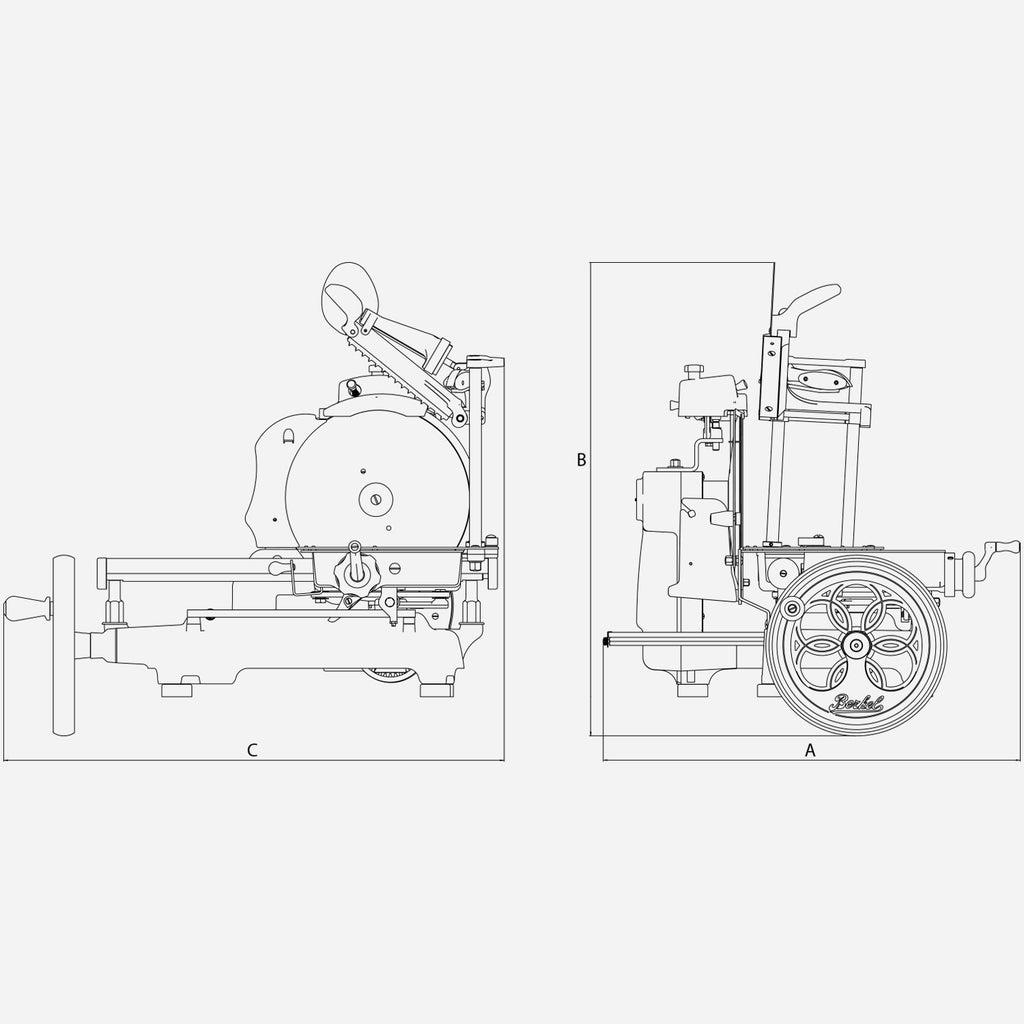 Strichzeichnung eines mechanischen Geräts aus zwei Winkeln. Die Vorderansicht zeigt einen Griff, eine große runde Klinge und eine Basis mit mehreren Komponenten. Die Seitenansicht zeigt denselben Griff, dieselbe Klinge und ein großes Rad, das unten rechts angebracht ist. Verschiedene Teile sind mit den Abmessungen A, B und C gekennzeichnet.