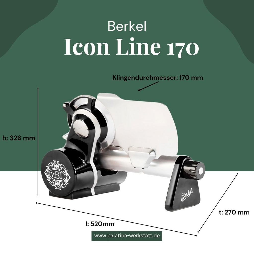 Gezeigt wird eine Berkel Icon Line 170 in schwarz mit handgefertigtem Eiche-Einlegebrett (30x20 cm) mit den Maßen: Höhe 326 mm, Länge 520 mm, Tiefe 270 mm, Blattdurchmesser 170 mm. Website: palatina-werkstatt.de.