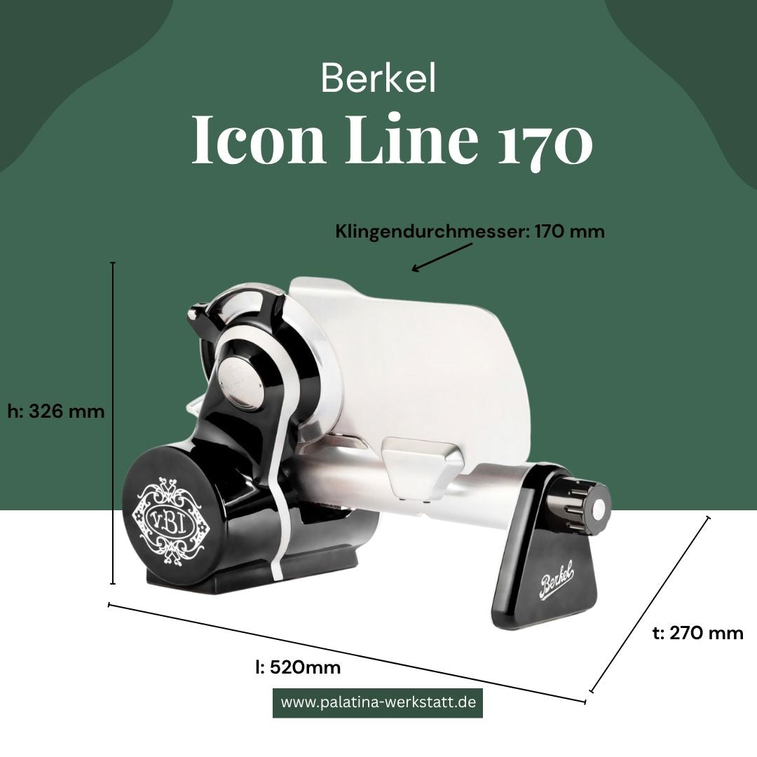 Gezeigt wird eine Berkel Icon Line 170 in schwarz mit handgefertigtem Eiche-Einlegebrett (30x20 cm) mit den Maßen: Höhe 326 mm, Länge 520 mm, Tiefe 270 mm, Blattdurchmesser 170 mm. Website: palatina-werkstatt.de.