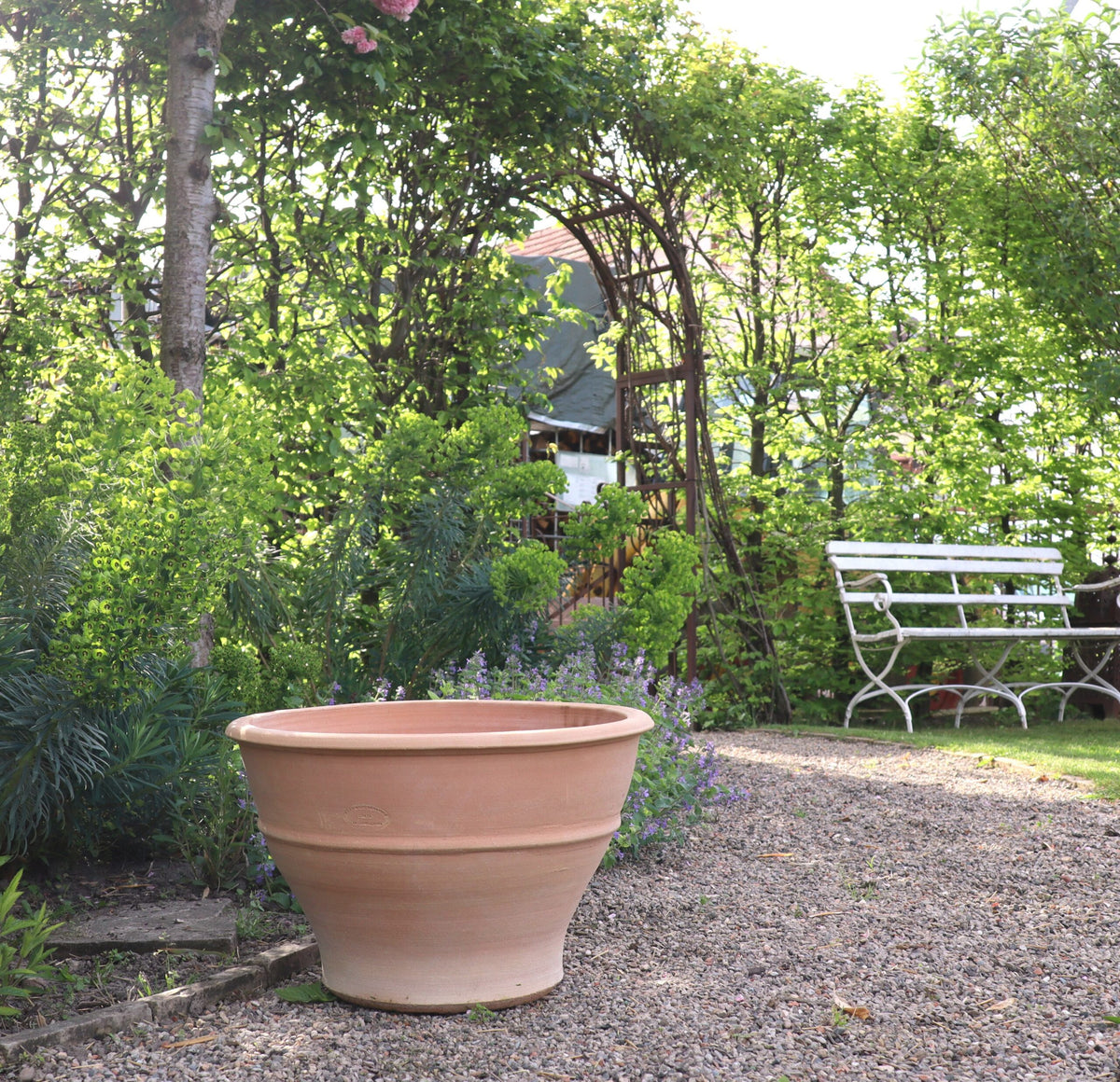 Ein Terrakotta-Pflanzgefäß „Buxus“, 50 cm, steht auf einem Kiesweg, umgeben von üppigem Grün und Buchsbäumen in einem Garten. Im Hintergrund befindet sich ein Bogen mit Kletterpflanzen und eine weiße Bank im Schatten der Bäume. Der Garten strahlt eine ruhige und einladende Atmosphäre aus.