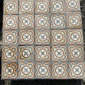 Ein Raster aus 20 quadratischen Fliesen des Typs Historische Gründerzeitfliesen, jede davon 16,5 x 16,5 cm groß, zeigt ein sich wiederholendes geometrisches Muster mit ineinandergreifenden Kreisen und Blumenmotiven in Beige-, Braun- und Hellblautönen. Diese komplexen und symmetrischen Designs spiegeln den Charme historischer Fliesen auf der gesamten Fläche wider, die etwa 5,5 Quadratmeter bedeckt.