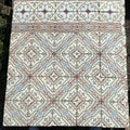 Eine Detailansicht quadratischer Bodenfliesen mit der Marke Historische Gründerzeitfliesen, die ein kompliziertes geometrisches Mosaikmuster zeigen. Das Design umfasst symmetrische Formen in Beige-, Blau- und Kastanienbrauntönen, die an historische Fliesen erinnern und ein sich wiederholendes Rauten- und Kreuzmotiv bilden. Die oberste Reihe weist einen dekorativen Rand in Blau und Kastanienbraun auf. Jede Fliese misst 14 x 14 cm und deckt ungefähr 10 Quadratmeter ab.