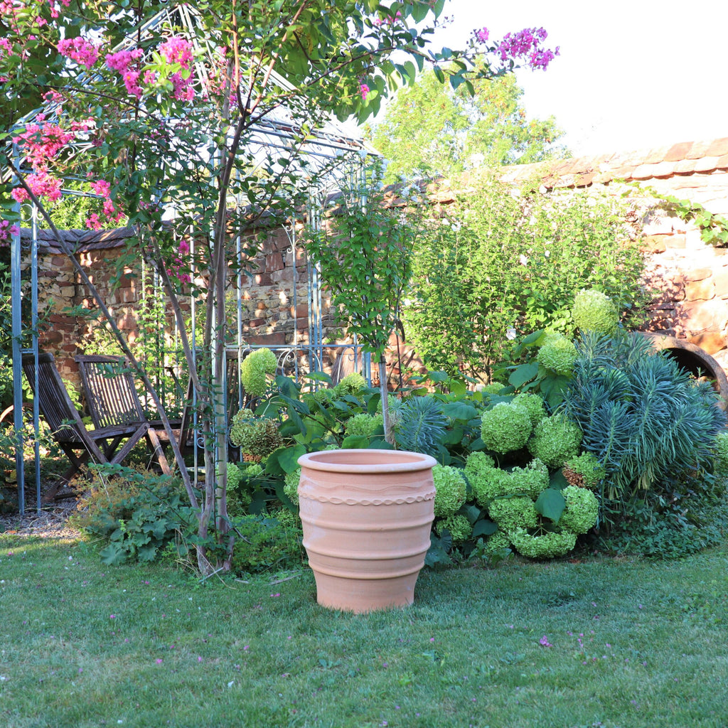 Ein üppiger Garten mit einer Steinmauer im Hintergrund weist eine Vielzahl von grünem Laub und blühenden Blumen auf. Im Vordergrund steht ein 50 cm großer Terrakotta-Blumentopf „Granatum“ auf dem Gras neben einer metallenen Gartenbank, umgeben von leuchtenden Pflanzen.