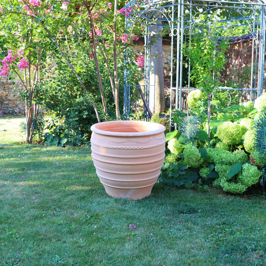 Ein großer, beigefarbener, gerippter frostfester Blumentopf „Granatum“ 60 cm steht auf einer Rasenfläche, umgeben von leuchtend grünem Laub und blühenden Pflanzen. Dahinter befindet sich eine dekorative Metallstruktur und eine Steinmauer mit kletternden Granatumpflanzen. Im linken Hintergrund sind rosa Blüten zu sehen.