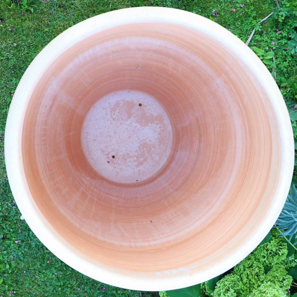 Eine Draufsicht zeigt einen großen, leeren Winterharter Pflanzkübel „Granatum“, 70 cm, auf einer Grasfläche. Der runde Topf hat eine hellbraune Innenseite mit kleinen Löchern in der Mitte zur Entwässerung. Das üppige grüne Gras um den Topf herum ist mit kleinen Pflanzen und Granatumblüten übersät.