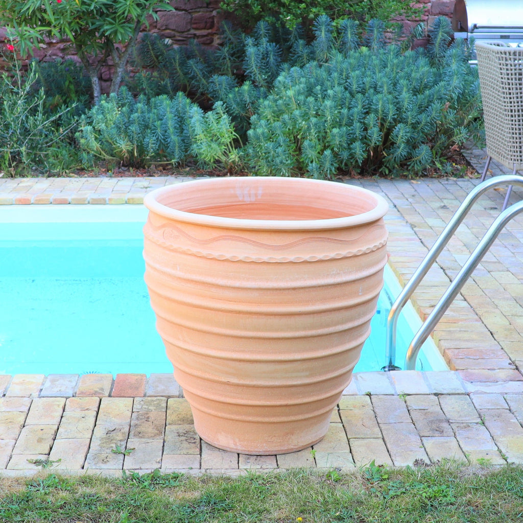 Ein großer Winterharter Pflanzkübel aus Terrakotta, groß „Granatum“, 70 cm mit geripptem Design steht auf einer gepflasterten Fläche neben einem Swimmingpool. Im Hintergrund bilden verschiedene grüne Sträucher und Pflanzen eine üppige Gartenkulisse. Auf der rechten Seite des Bildes ist eine Poolleiter zu sehen, die die ruhige Atmosphäre verstärkt.