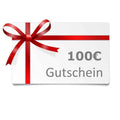 Eine weiße Geschenkkarte mit einer roten Schleife auf der linken Seite und dem grauen Text „100 € Gutschein“. Der schlichte weiße Hintergrund macht sie zu einer idealen Geschenkwahl in Kombination mit dem 25 € Gutschein.