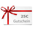 Eine 25-€-Gutschein-Geschenkkarte mit einer roten Schleife auf weißem Hintergrund zeigt den Text „25-€-Gutschein“ für einen exklusiven Rabatt.