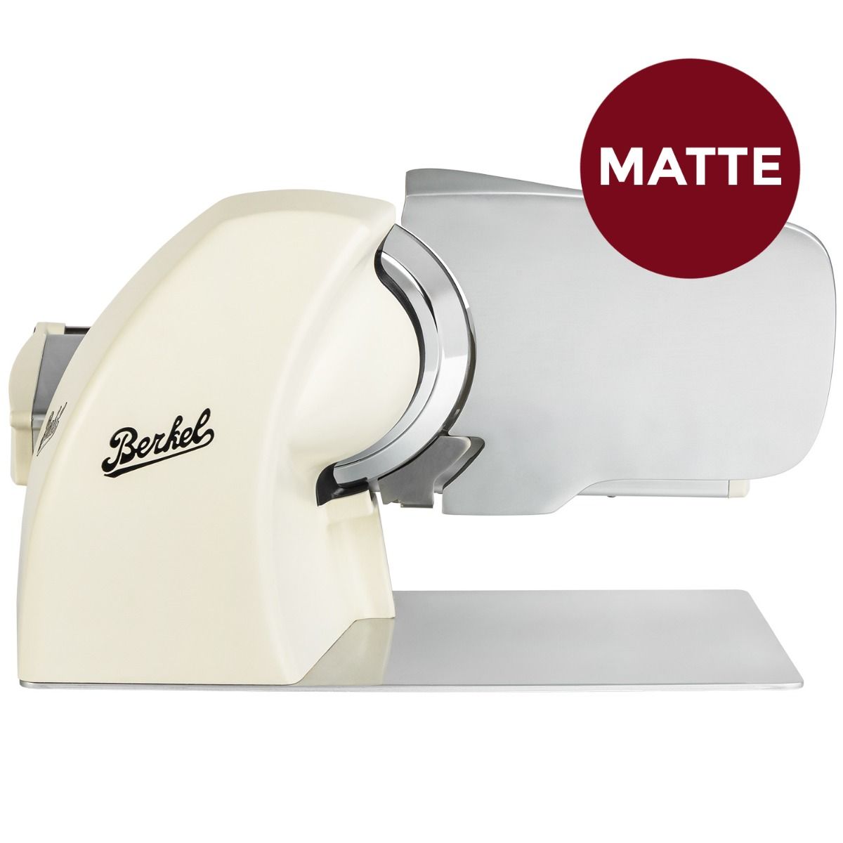 Die Berkel Home Line 200 Plus creme MATT Aufschnittmaschine - Neues Modell - Schneidemaschine mit einem einzigartigen, 100% handgefertigten Schneidebrett wird vor einem weißen Hintergrund gezeigt.