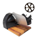 A Berkel Home Line 200 Plus Schwarz Matt Aufschnittmaschine incl. Einlegebrett ist abgebildet; oben rechts erscheint eine separate runde Klinge mit Speichen.