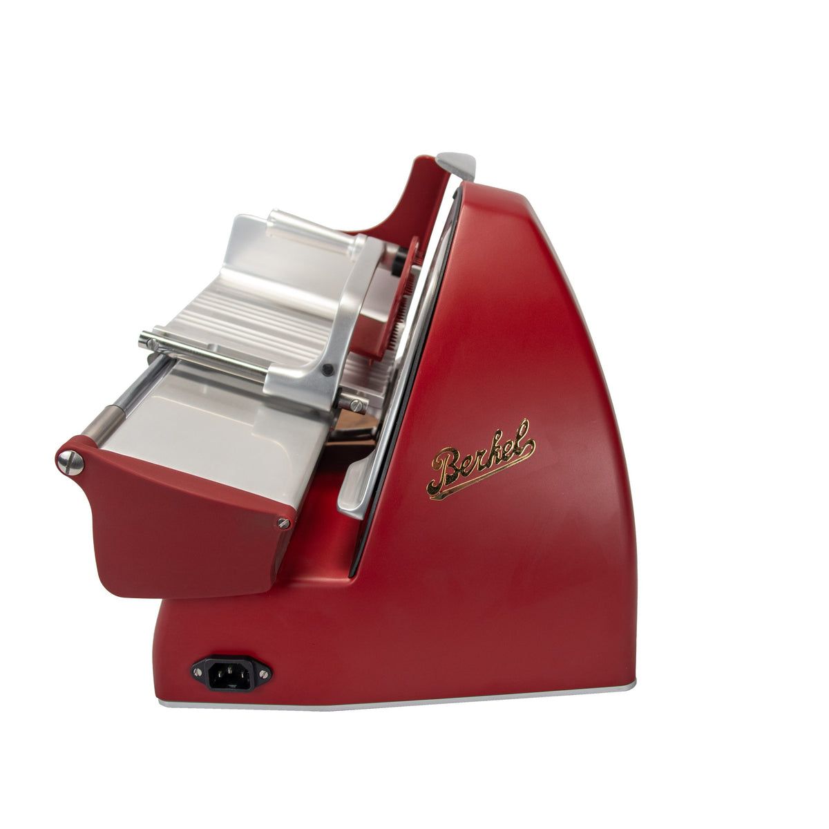 A Berkel Home Line 200 Plus rot MATT Aufschnittmaschine - Neues Modell, mit sichtbarem Logo und Edelstahl-Schneidebereich, von der Seite vor weißem Hintergrund gezeigt, inkl. handgefertigtem Schneidebrett-Unikat.