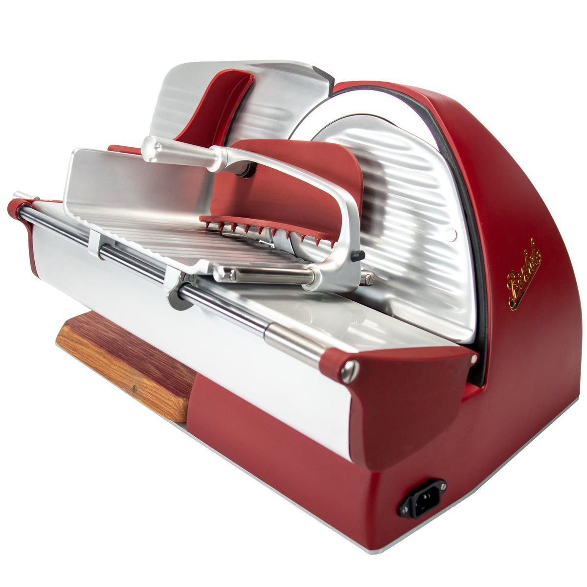 Die Berkel Home Line 200 Plus rot MATT ist ein neues Modell einer elektrischen Aufschnittmaschine mit einem einzigartigen, handgefertigten Schneidebrett, ideal zum präzisen Schneiden von Fleisch, Käse und mehr.