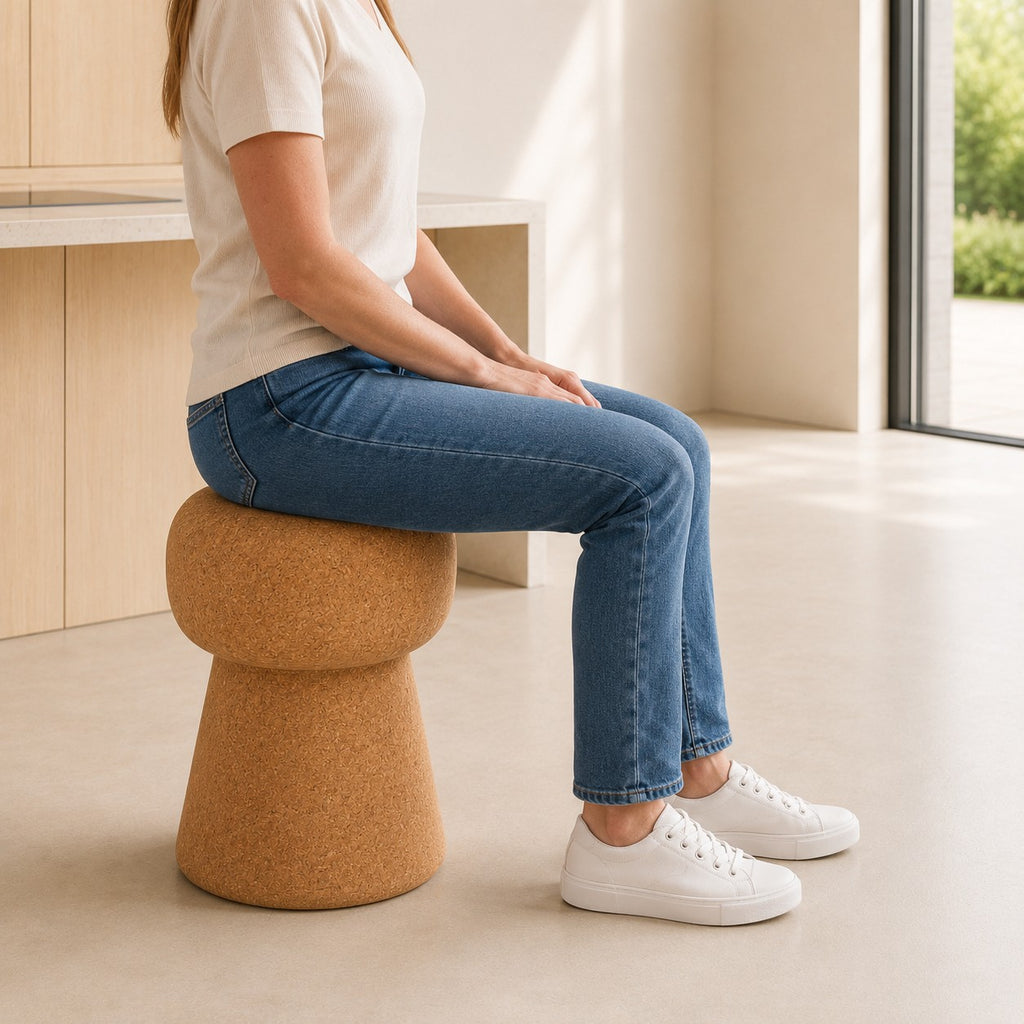 Eine Frau in einem kurzärmeligen Top, blauen Jeans und weißen Turnschuhen sitzt auf einem Hochwertigen Hocker aus Kork in Form eines Champagnerkorkens in einem hellen, modernen Raum mit beigen Böden und Holzschränken.