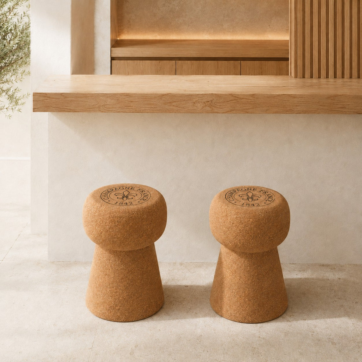 Zwei Hochwertiger Hocker aus Kork in Form eines Champagnerkorkens mit abgerundeten Platten und dekorativem Text sitzen nebeneinander vor einem minimalistischen Holztresen in einem neutralen, modernen Interieur.