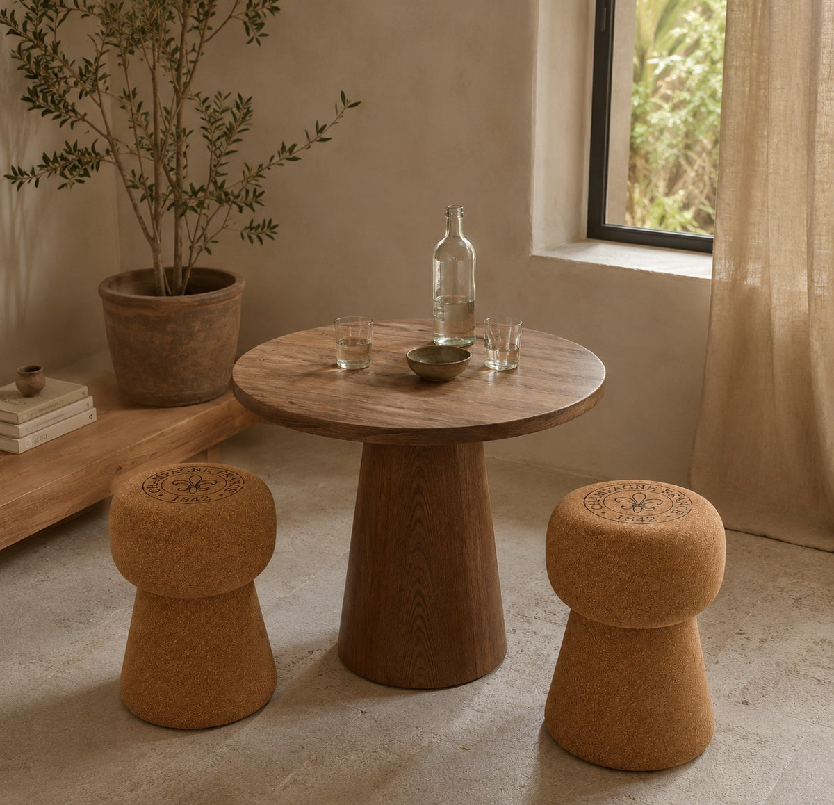 Ein runder Holztisch mit einer Glasflasche, Gläsern und einer Schale wird von zwei Hochwertigen Hockern aus Kork in Form eines Champagnerkorkens in einem sonnenbeschienenen, minimalistischen Raum mit einer Olivenpflanze und einem Fenster flankiert.