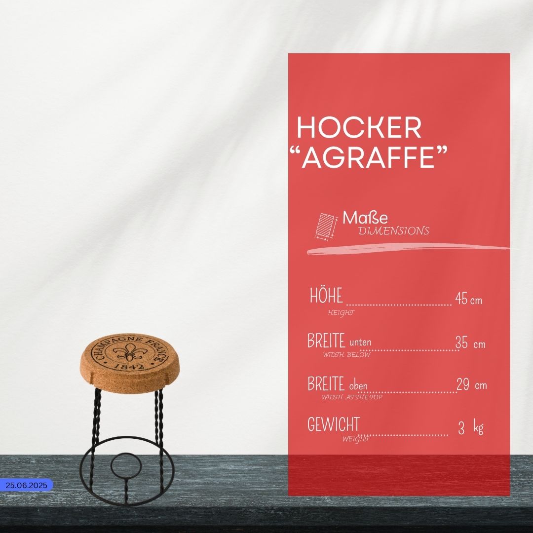 Der "Hochwertiger Hocker aus Kork 'Agraffe'" hat eine Sitzfläche aus Kork, Metallbeine und ein modernes Design. Mit einer roten Platte: Höhe 45cm, Breite unten 35cm, Breite oben 29cm, Gewicht 3kg.