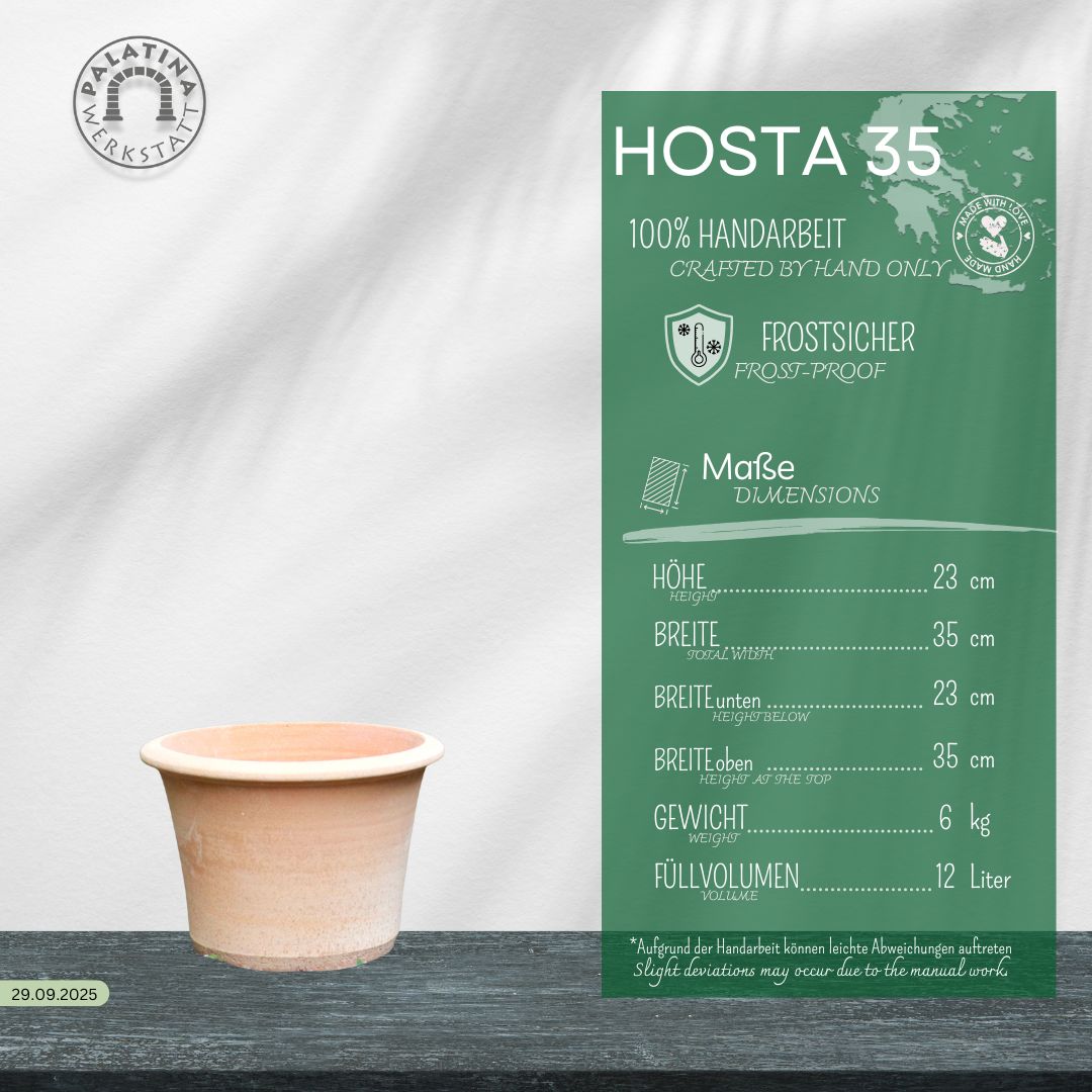 Der Terrakotta Pflanztopf "Hosta" 35 cm - Handgemacht & Frostfest steht auf einer Holzplatte neben einer grünen Karte, auf der die Frostsicherheit, die Größe (23 cm hoch, 35 cm breit), das Gewicht (12 kg) und das Fassungsvermögen von 12 Litern angegeben sind.