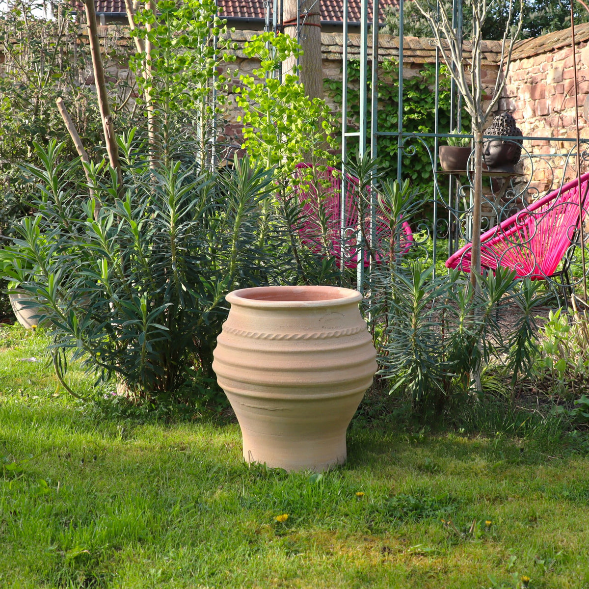 Eine Szene im Freien in einem Garten zeigt einen großen, leeren Tontopf mit dekorativen Rillen, der an die kleine Pflanzamphore „Ficus“ (H=40 cm) erinnert und auf grünem Gras steht. Um den Topf herum sind grüne Pflanzen und Bäume, darunter ein üppiger Ficus. Im Hintergrund sind eine Steinmauer, ein rosa Hängesessel und eine Metalllaube mit Topfpflanzen zu sehen.