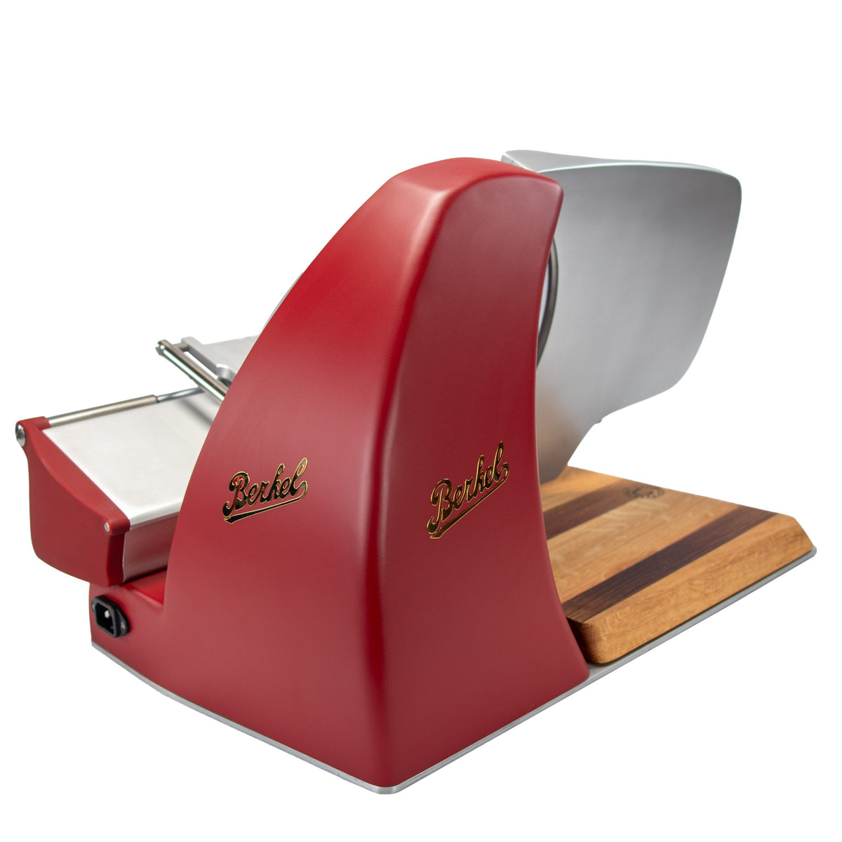 A Berkel Home Line 250 Plus Rot MATT Aufschnittmaschine - Neues Modell mit goldenem Logo und einzigartigem, handgefertigtem Schneidebrett ist mit Edelstahlklinge und modernem Design auf weißem Hintergrund abgebildet.