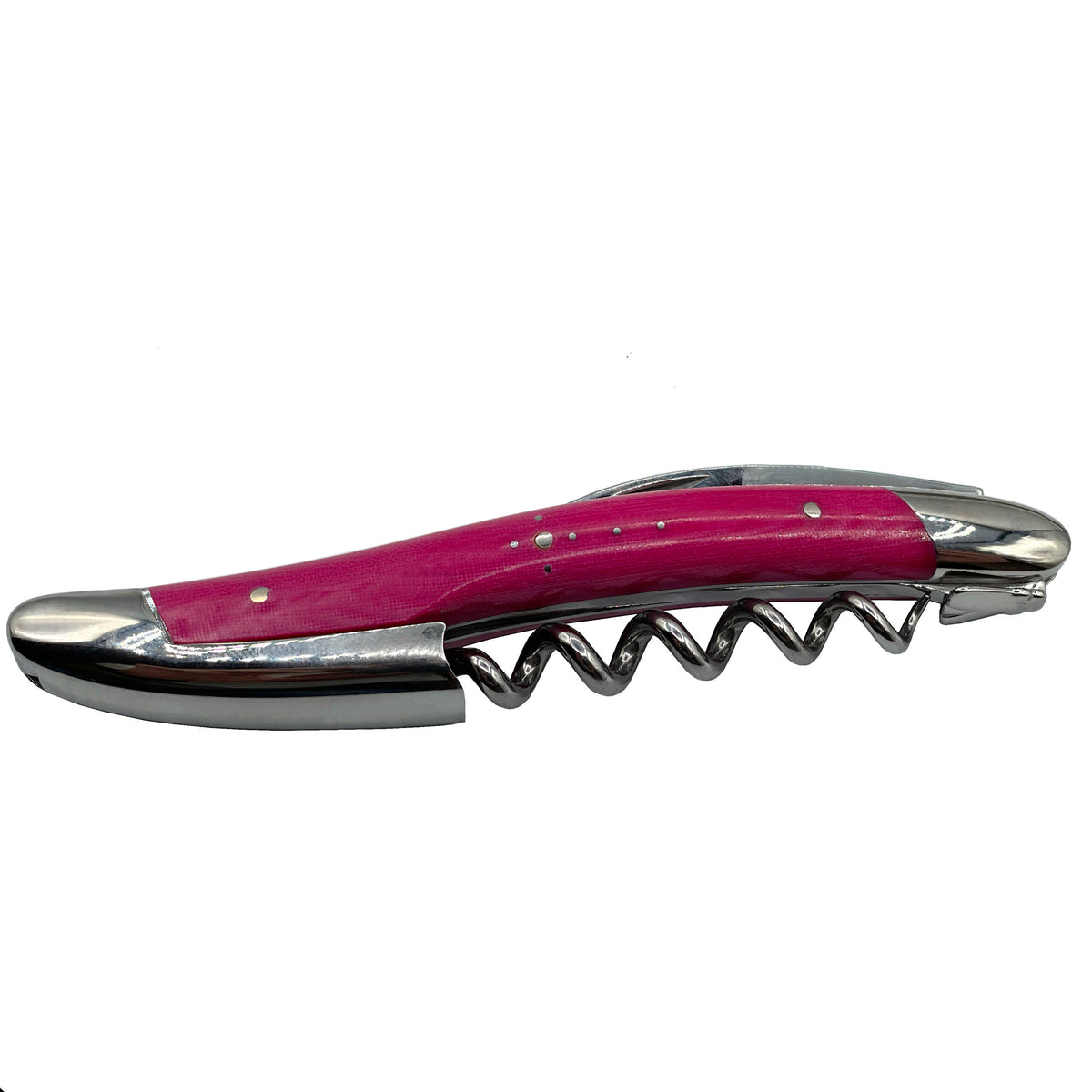 Das Forge De Laguiole Kellnermesser Sommelier | Rosa glänzend aus glänzendem Edelstahl mit rosa Griff präsentiert sich vor einem schlichten weißen Hintergrund. Dieser Sommelier-Korkenzieher verfügt über eine klappbare, gezahnte Folienschneide und besticht durch ein schlankes, ergonomisches Design.