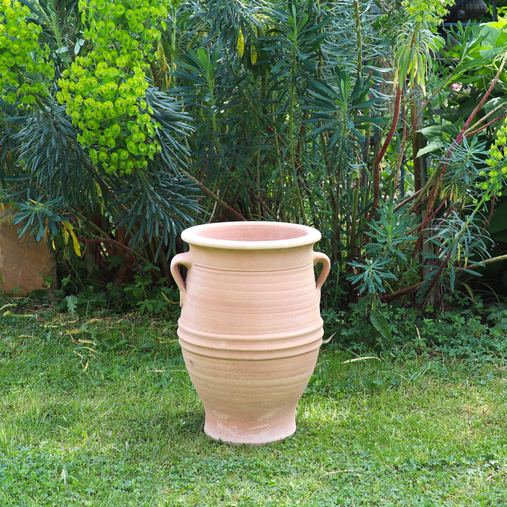 Die Amphore zum Bepflanzen "Thymus" H=40cm, mit seitlichen Griffen und hellbrauner Oberfläche, steht auf grünem Gras in einem Garten, der von üppigen Pflanzen und Sträuchern umgeben ist.