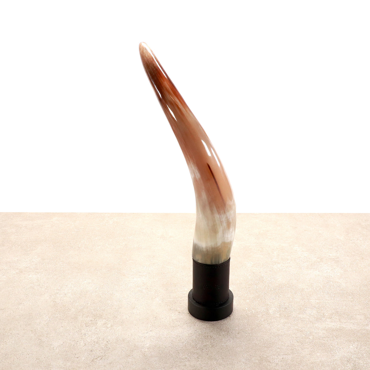 Ein poliertes, glattes und gebogenes Horn, das vertikal auf einem schwarzen zylindrischen Ständer steht. Diese von Forge de Laguiole handgefertigte exklusive Pfeffermühle weist einen Farbverlauf von Hell- bis Dunkelbraun auf, der zum Boden hin in Weiß übergeht. Sie steht vor einem schlichten, hellen Hintergrund.