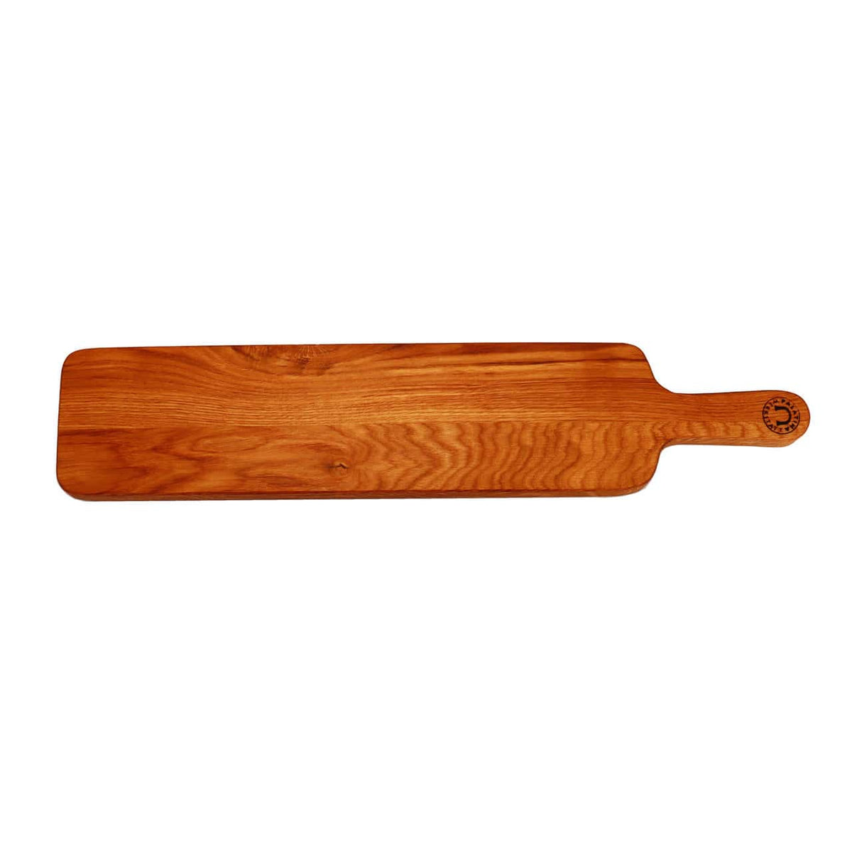 Ein langes, rechteckiges Holzschneidebrett, handgefertigtes Baguettebrett aus altem Weinfassholz der Palatina Werkstatt, mit einem Griff an einem Ende. Das Holz hat eine glatte, hellbraune Oberfläche mit sichtbarer Maserung und weist ein kleines, rundes Markenlogo am Ende des Griffs auf.