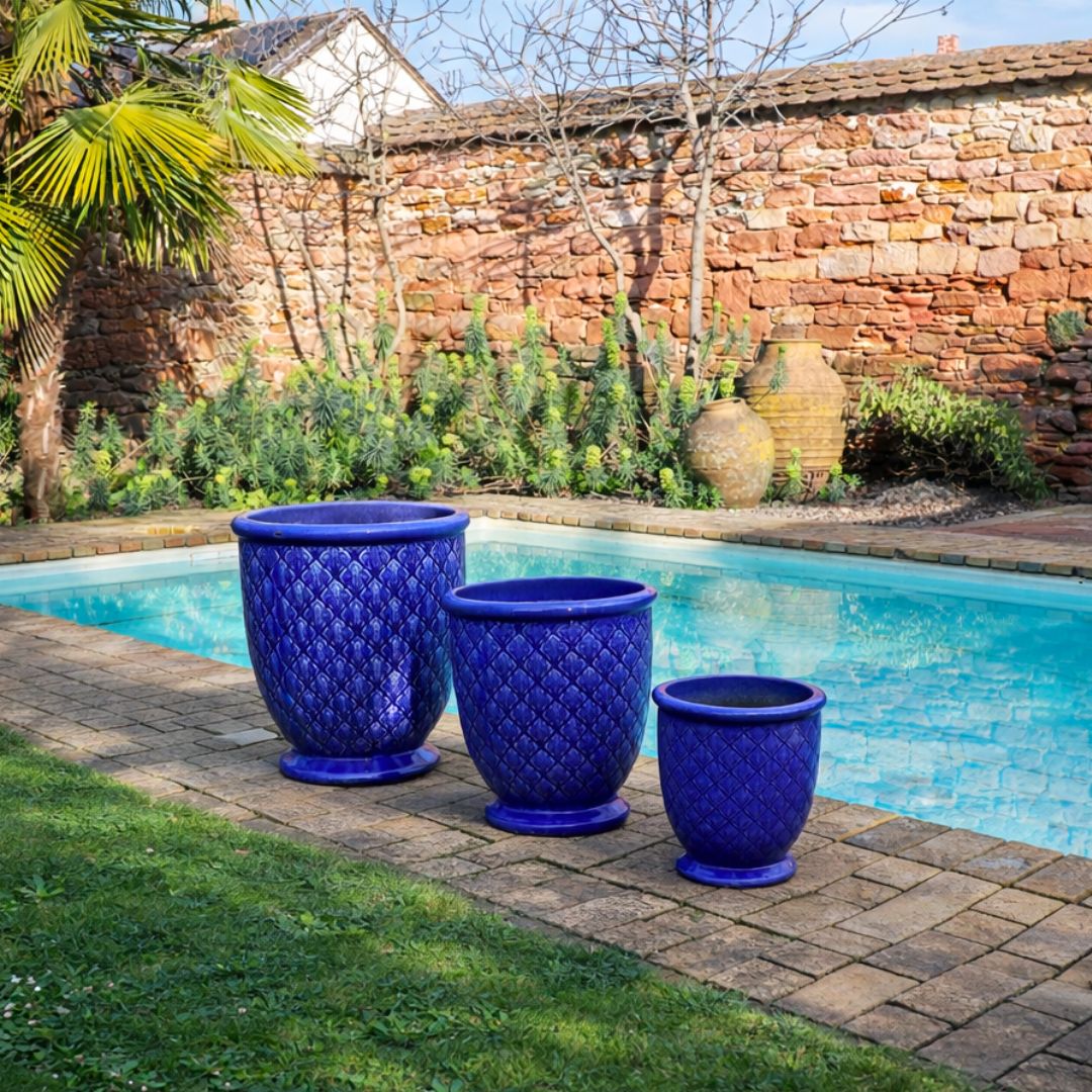 Drei glasierte Pflanzkübel "Indigo Provence" in Kobaltblau (Höhe 30,5-54 cm) stehen auf einer Steinterrasse an einem Pool, umgeben von grünem Gras, üppigen Pflanzen und einer Ziegelmauer.