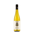 Eine Kiste Weingut Knipser Chardonnay & Weißburgunder (6 Flaschen) mit goldfarbenem Weißwein, schwarzem Schraubverschluss und weißem Etikett mit verschnörkeltem Wappen und Text.