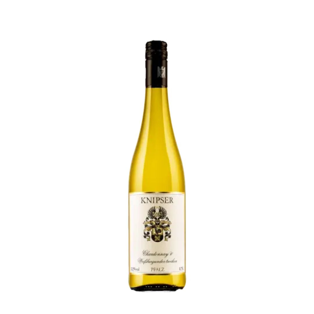 Eine Kiste Weingut Knipser Chardonnay & Weißburgunder (6 Flaschen) mit goldfarbenem Weißwein, schwarzem Schraubverschluss und weißem Etikett mit verschnörkeltem Wappen und Text.