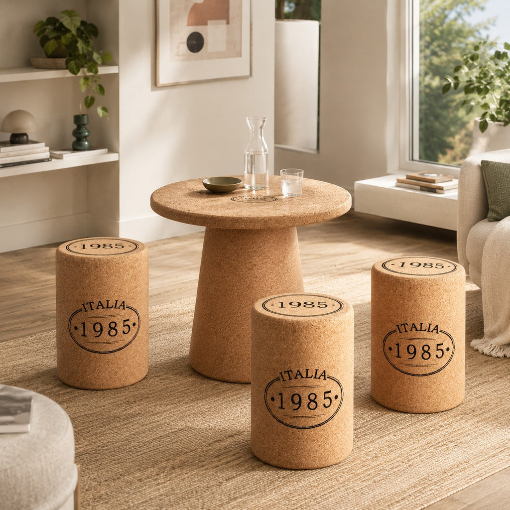 In einem gemütlichen Wohnzimmer stehen ein Hochwertiger Hocker aus Kork in Stopfenform als runder Kork-Tisch und drei passende Hocker, "ITALIA 1985", inmitten von neutralem Dekor, Bücherregalen, einem hellen Sofa und großen Fenstern mit Blick ins Grüne.