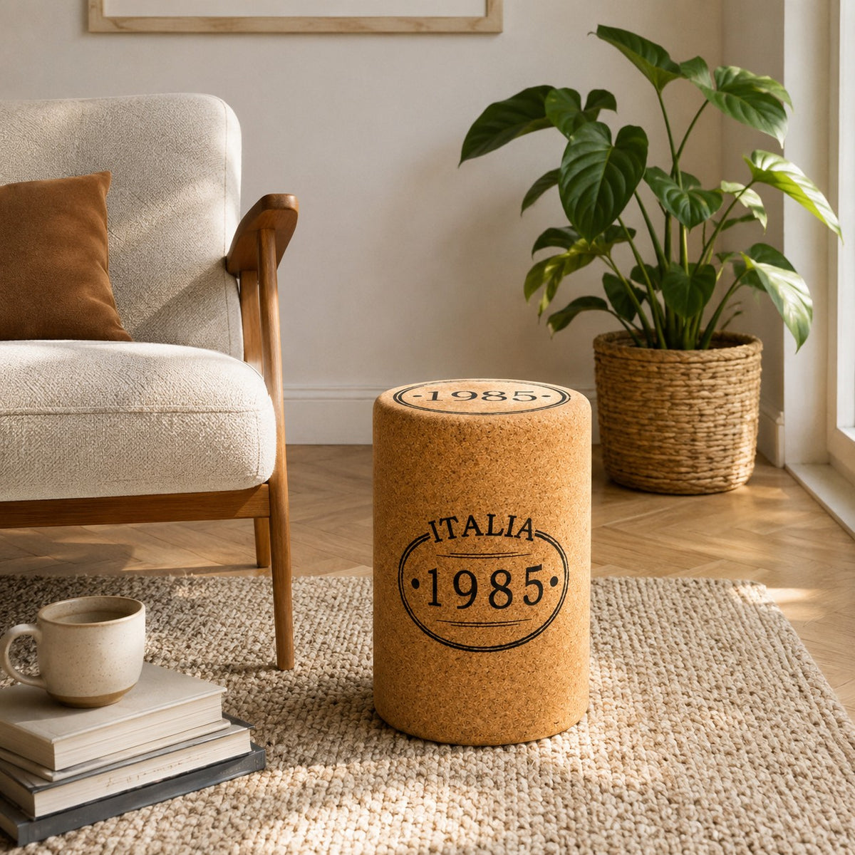Ein gemütliches Wohnzimmer mit einem beigen Sessel, einem Hochwertigen Hocker aus Kork in Stopfenform, einer Topfpflanze, einem Stapel Bücher mit einer Tasse und Sonnenlicht, das durch das Fenster auf einen Webteppich fällt.
