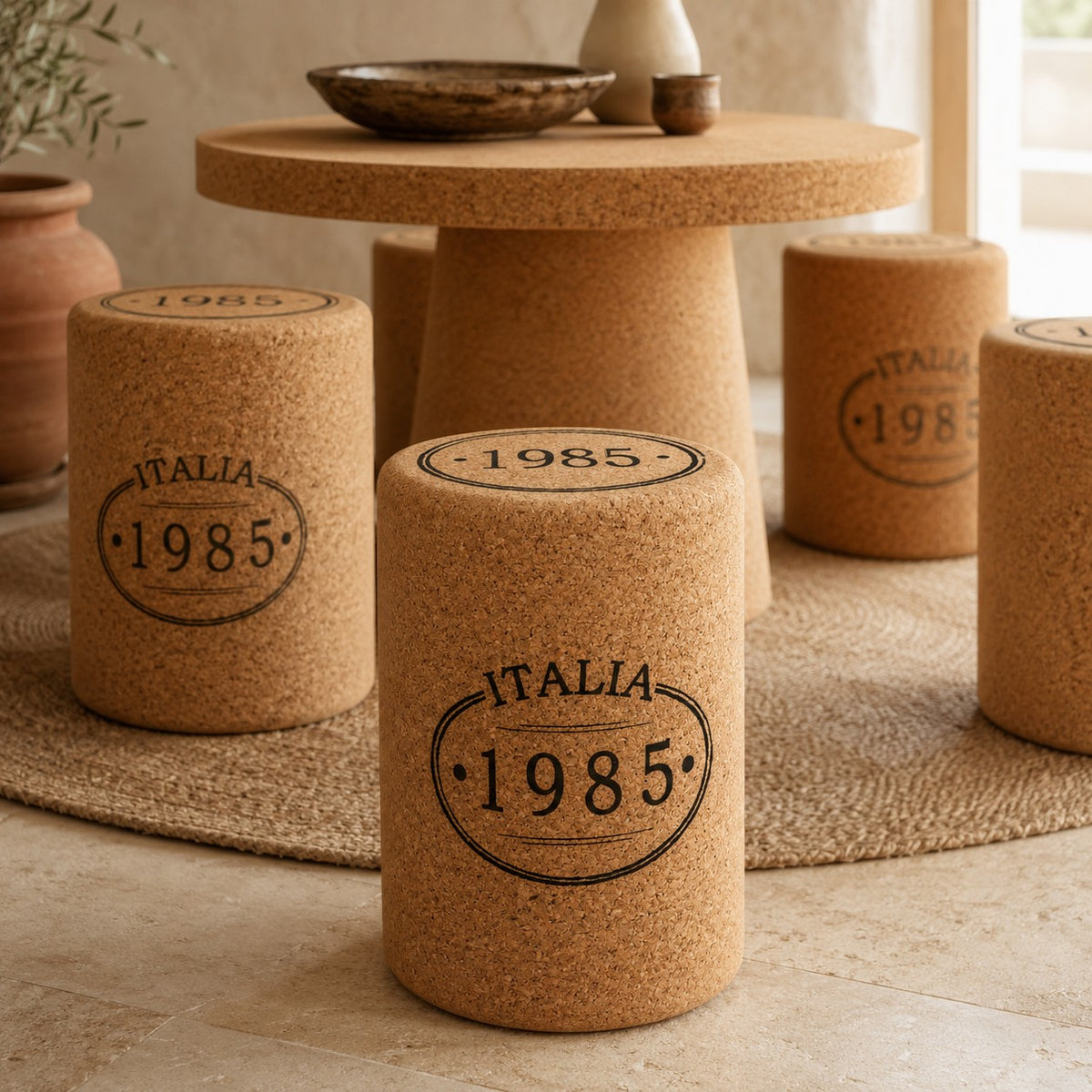 Hochwertiger Hocker aus Kork in Stopfenform mit "ITALIA 1985" Aufdruck um einen passenden Korktisch, auf einem geflochtenen Teppich in einem sonnigen, neutralen Raum mit Töpferdeko.